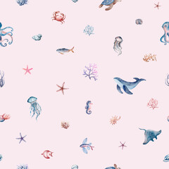 Marine seamless pattern marine animals, corals, plants, seashell, starfish, octopus, seahorse, algae, turtle. Watercolor marine background.