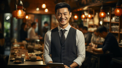 Portrait of asian young male cafe or restaurant owner with tablet