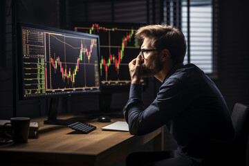 Illustrate a focused male trader analyzing candlestick patterns on the price chart with intense concentration Generative AI