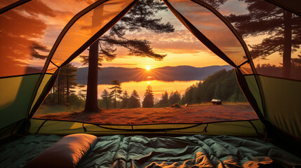 View of the serene landscape from inside a tent. Camping at campsite with sleeping bags. Stunning sunrise.