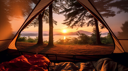 View of the serene landscape from inside a tent. Camping at campsite with sleeping bags. Stunning sunrise.