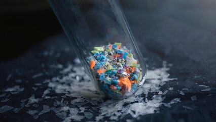 Macro shot of a test tube full of micro plastics collected from the beach. Concept of water...
