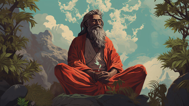 Sage Saint Rishi image illustration. Lotus pose. St Rishi in Hindu..