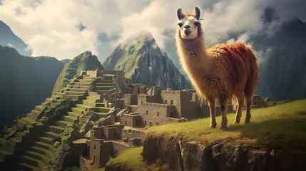 Keuken foto achterwand Machu Picchu llama in macchu picchu