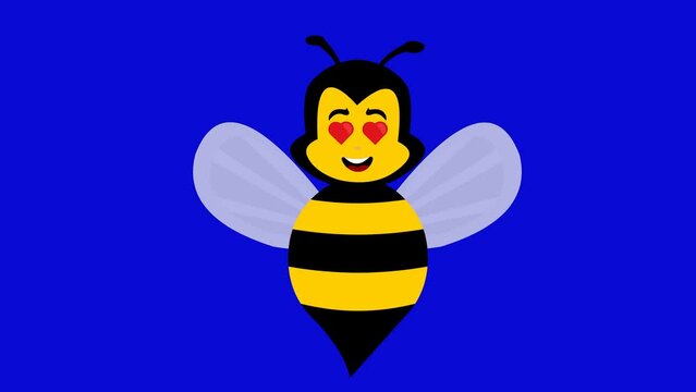 video animation bee cartoon in love, with eyes in the shape of hearts. On a blue chroma key background
