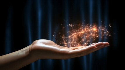 Digital hand hologram on dark background with copy space. Neural network connection.