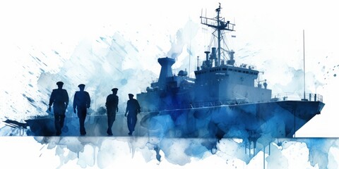 lue Aquarelle Silhouettes of Marines on a Warship, Created with the Style of Digital Airbrushing, Representing the Strength and Dedication of Naval Forces