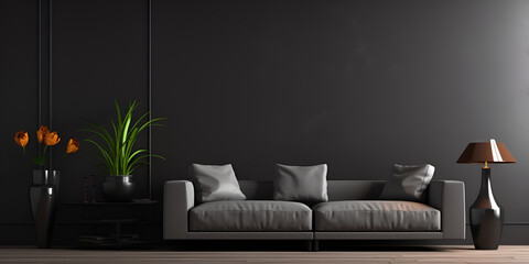 Interior of living room with grey sofa, table and pouf near black wall, Modern stylish dark living room interior with cozy dark grey sofa over black wall panels, Grey Living Room,  generative Ai

