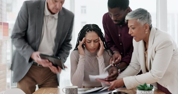 Time management fail, multitask and stress, business woman and team, paperwork and tablet. Headache, anxiety and burnout, problem with schedule and overworked with people and documents in workplace