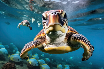 Obraz premium turtles dying in the trash infested waters. ocean pollution. ocean trash. save the planet.
