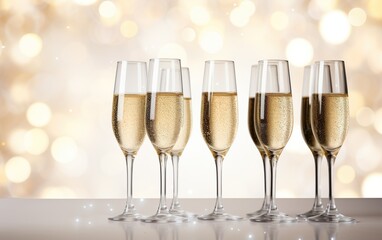 Glasses of champagne on table on the gold festive bokeh background. Many glass of white sparkling  wine. Buffet. Celebration of birthday, baptism, wedding or corporate party.