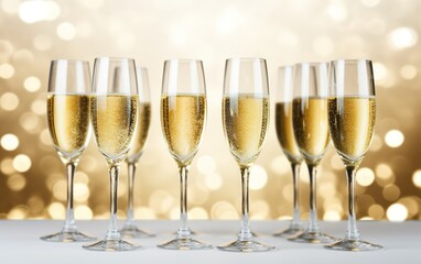 Glasses of champagne on table on the gold festive bokeh background. Many glass of white sparkling  wine. Buffet. Celebration of birthday, baptism, wedding or corporate party.