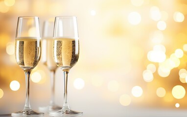 Glasses of champagne on table on the gold festive bokeh background. Many glass of white sparkling  wine. Buffet. Celebration of birthday, baptism, wedding or corporate party. Copy space