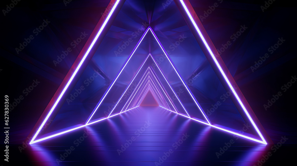 Poster a vibrant neon triangle in a dark background