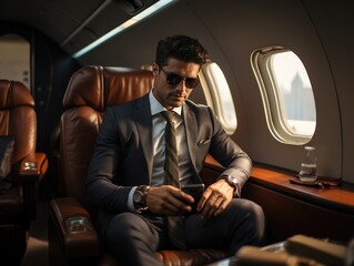 Serious businessman using smartphone in private jet