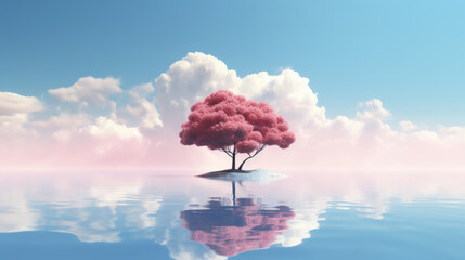 A vibrant pink tree standing alone in the middle of a serene body of water