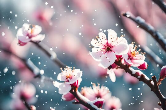 Cherry Blossom flowers closeup and snowfalling in background