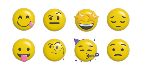 Yellow emoji. Funny emoticons faces with facial expressions. 3D stylized vector icons set
