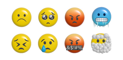 Yellow emoji. Funny emoticons faces with facial expressions. 3D stylized vector icons set