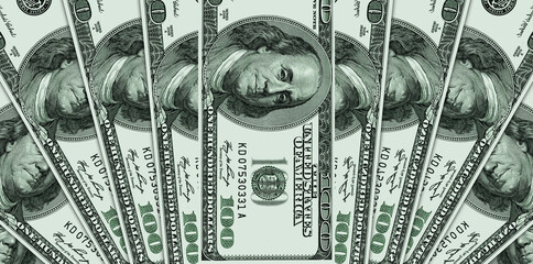 One hundred US dollar bills spread out like a fan