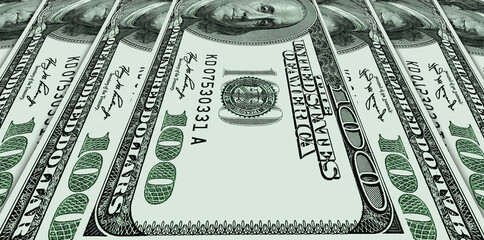 One hundred US dollar bills spread out like a fan