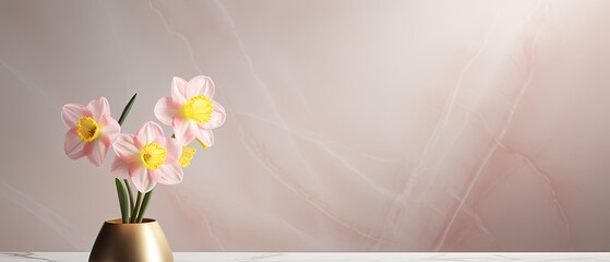 A chic and minimalistic arrangement showcasing a light pink marble background with a single golden daffodil, radiating an air of luxury and sophistication as a backdrop with copy space. Generative AI.