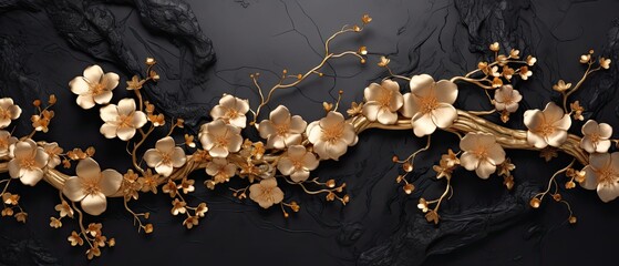 A dazzling composition of a black marble background highlighted by intricate golden roses, orchids, and cherry blossoms. Unique design card, wedding, condolences, fashion event, glamor. Generative AI.