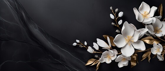 A luxurious combination of a black marble background with golden roses and soft white stephanotis flowers, exuding an elegant and minimalistic charm. Condolences, wedding, glamor design. Generative AI