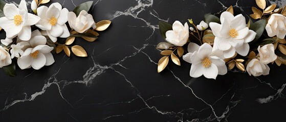 A luxurious combination of a black marble background with golden roses and soft white stephanotis flowers, exuding an elegant and minimalistic charm. Condolences, wedding, glamor design. Generative AI