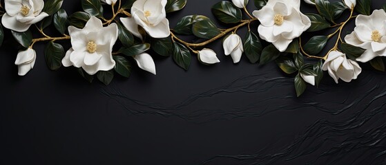 A photorealistic top-view shot of a black marble background with clusters of white gardenias and gilded leaves, exuding a sense of luxury and minimalistic charm. Condolences, wedding. Generative AI.