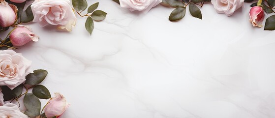 A photorealistic top-view shot of a white marble background with scattered blush pink roses and delicate gold leaf accents, creating an opulent and minimalistic beauty. Wedding, glamor. Generative AI.