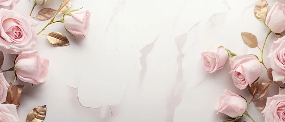 Fotobehang A photorealistic top-view shot of a white marble background with scattered blush pink roses and delicate gold leaf accents, creating an opulent and minimalistic beauty. Wedding, glamor. Generative AI. © Dannchez