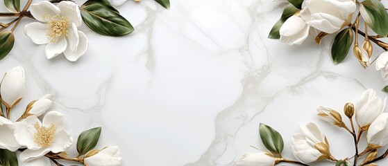 Fototapeta na wymiar A striking top-view shot featuring a white marble background adorned with golden magnolias and lush green foliage, creating an elegant and luxurious frame for text. Wedding, fashion. Generative AI. 