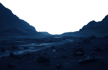 vast dry landscape with a range of mountains in the distance. Isolated transparent PNG. Alien landscape. desert landscape.