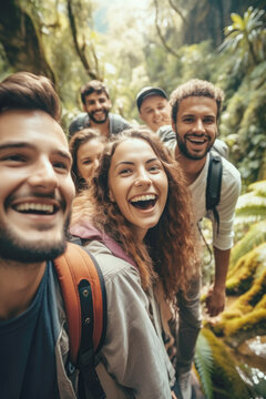 A group of happy young friends hiking through a lush forest, sharing laughter along the way