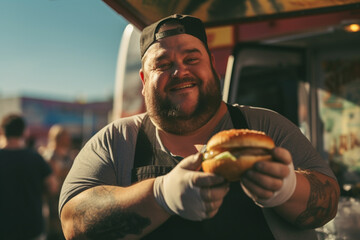 A fat man is holding a burger in his hands. There's a food truck in the background. Generative AI