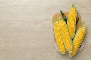 Fresh corn on cobs on wooden background, top view