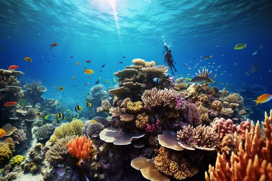 Photograph of people snorkeling on vibrant, healthy coral reefs, Generative AI