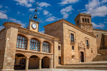 Fototapeta premium View of the Plaza Mayor of Morón de Almazan, in Soria, Spain, with several historical buildings of Renaissance style