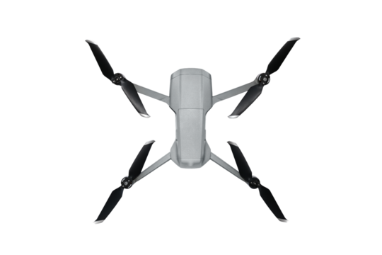 The drone is isolated on white background. Aerial Drone Isolated on transparent Background. Flying Remote Control Air Drone. Headless Quadcopter with 4K Hasselblad Camera and Remote Control. PNG