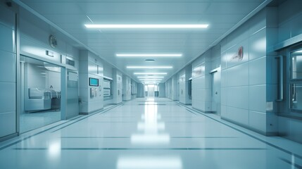 illustration, empty hospital corridor with rooms, ai generative