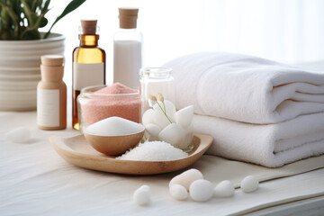 Obraz na płótnie Canvas Beauty treatment items for spa procedures. Massage stones, essential oil and sea salt. Generative AI