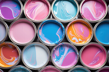 Fototapeta premium Close up of open paint cans with pastel paint. Generative AI