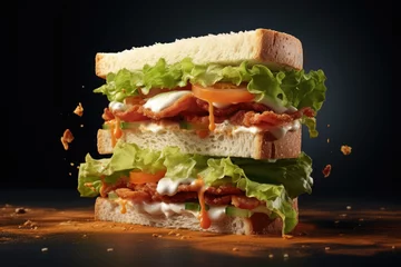 Tuinposter Sandwich with tasty ingredients of salami, tomato, lettuce and chess. Generative AI © barmaleeva