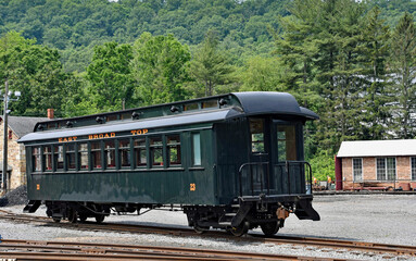 East Broad Top Railroad narrow gauge passenger coach #23 sits at Rockhill Furnace, PA after being...
