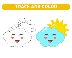 Trace and color cute little cloud and sun. Worksheet for kids