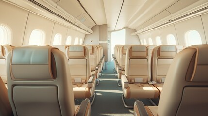 illustration, modern airplane interior with flight seats, ai generative