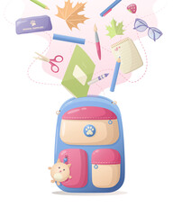 Poster template with school bag and stationery. Flyer design on the theme of school and education. Vector illustration for poster, postcard, banner and advertising.