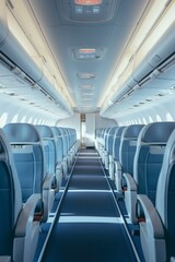 illustration, modern airplane interior with flight seats, ai generative