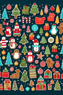 Colorful winter christmas stickers set in cartoon style